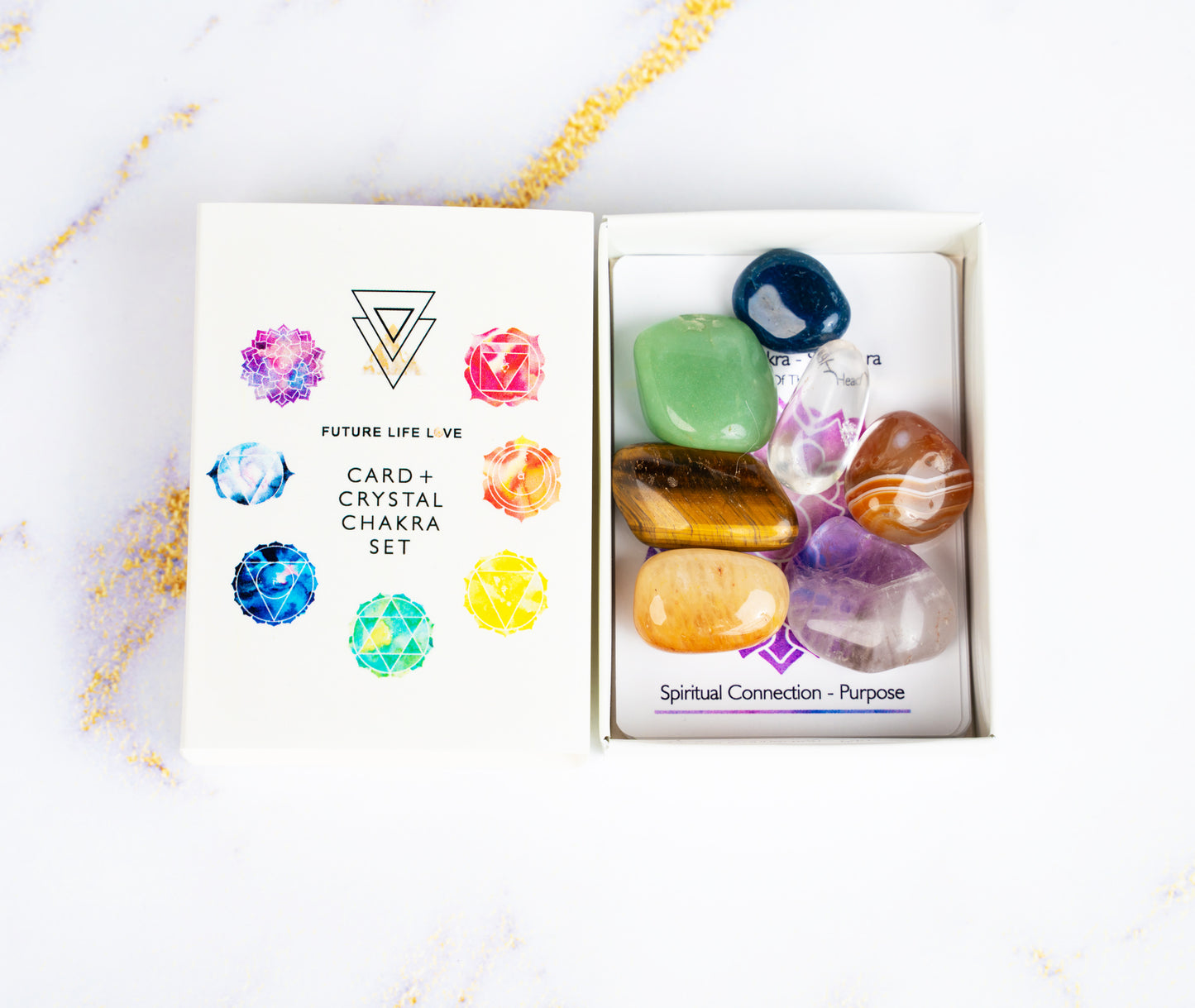 Chakra Card Set With 8 Cards and 7 Crystal Set With White Box