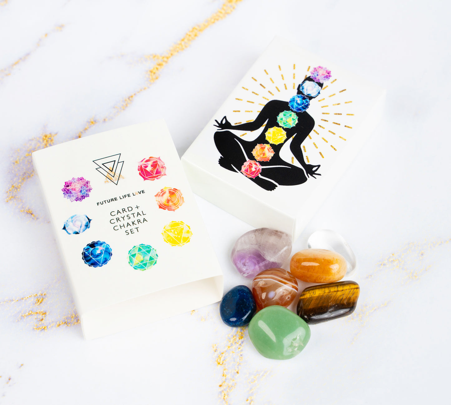 Chakra Card Set With 8 Cards and 7 Crystal Set With White Box