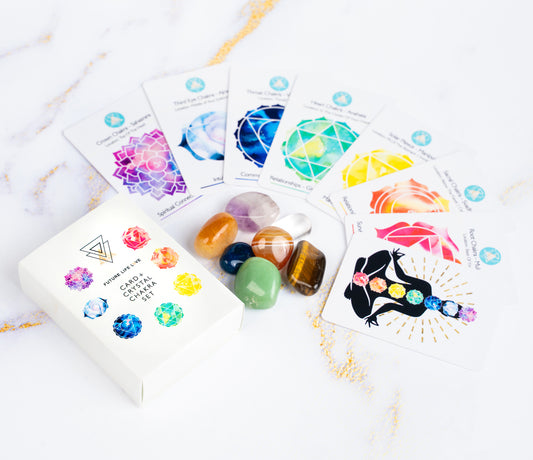 Chakra Card Set With 8 Cards and 7 Crystal Set With White Box