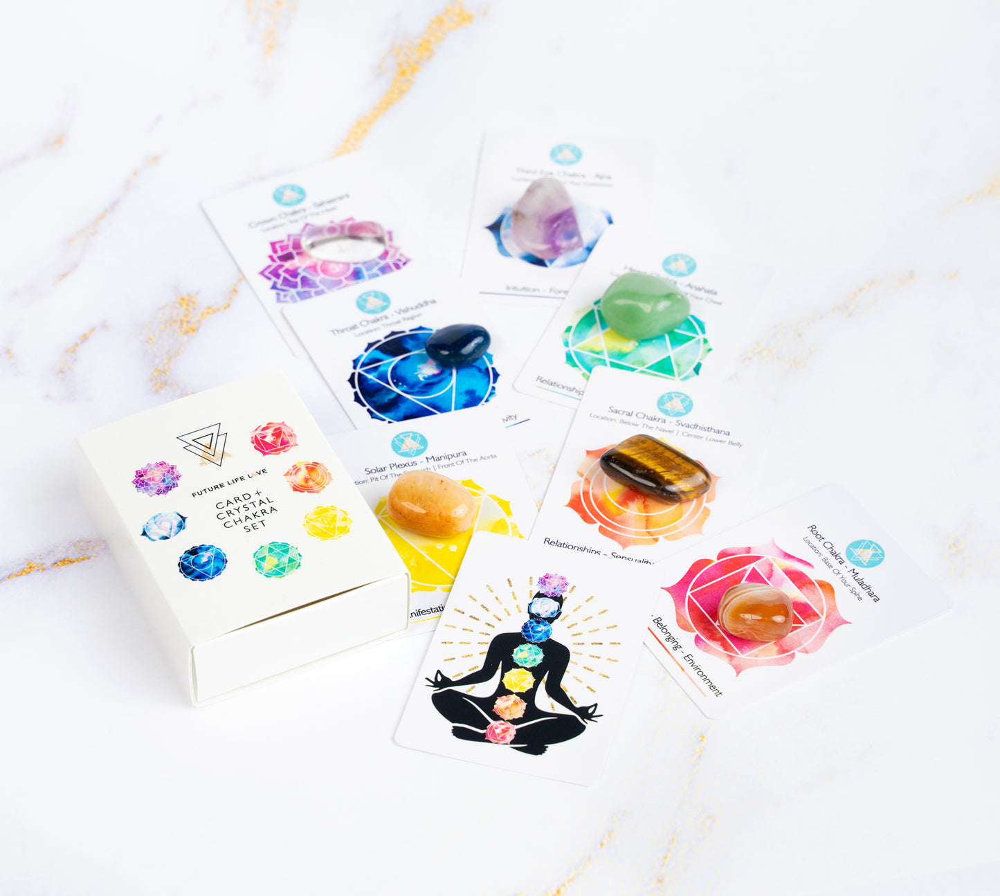 Chakra Card Set With 8 Cards and 7 Crystal Set With White Box