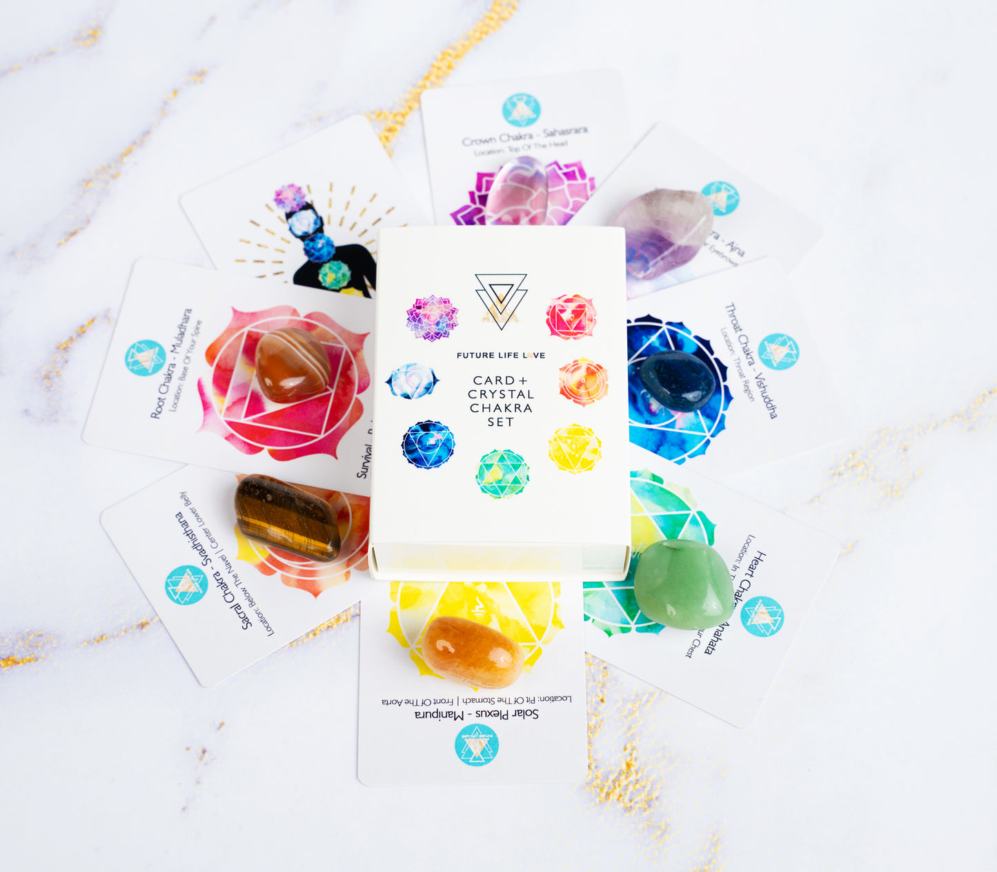 Chakra Card Set With 8 Cards and 7 Crystal Set With White Box