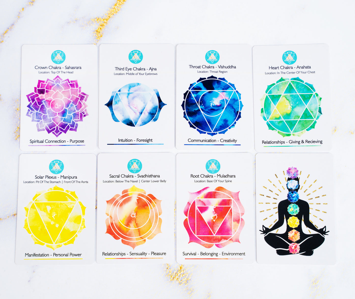 Chakra Card Set With 8 Cards and 7 Crystal Set With White Box