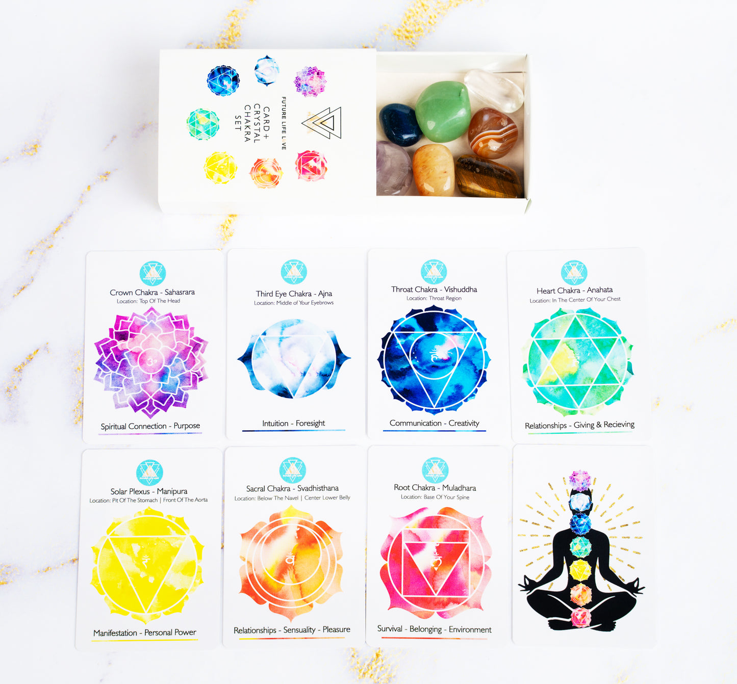 Chakra Card Set With 8 Cards and 7 Crystal Set With White Box