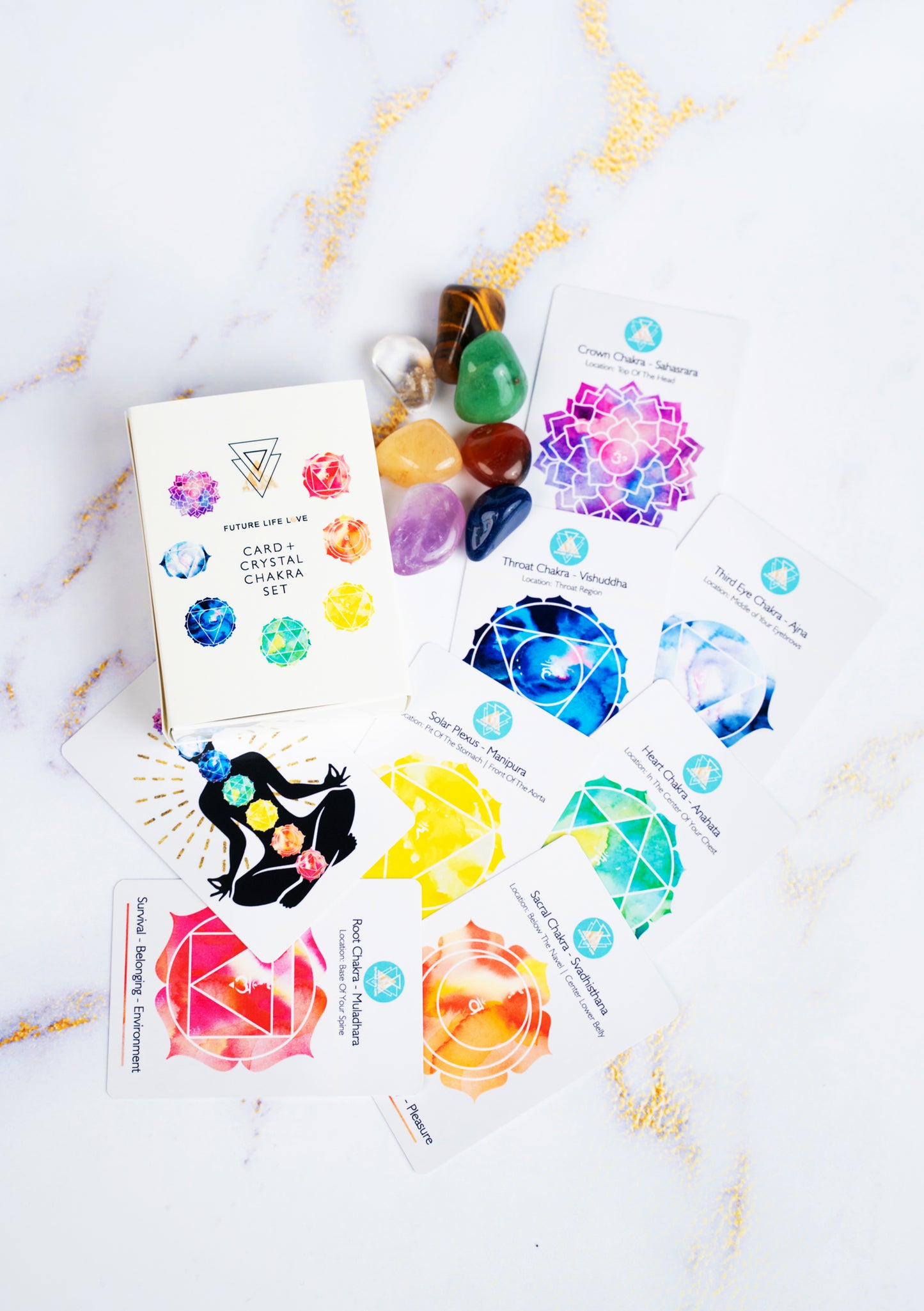 Chakra Card Set With 8 Cards and 7 Crystal Set With White Box