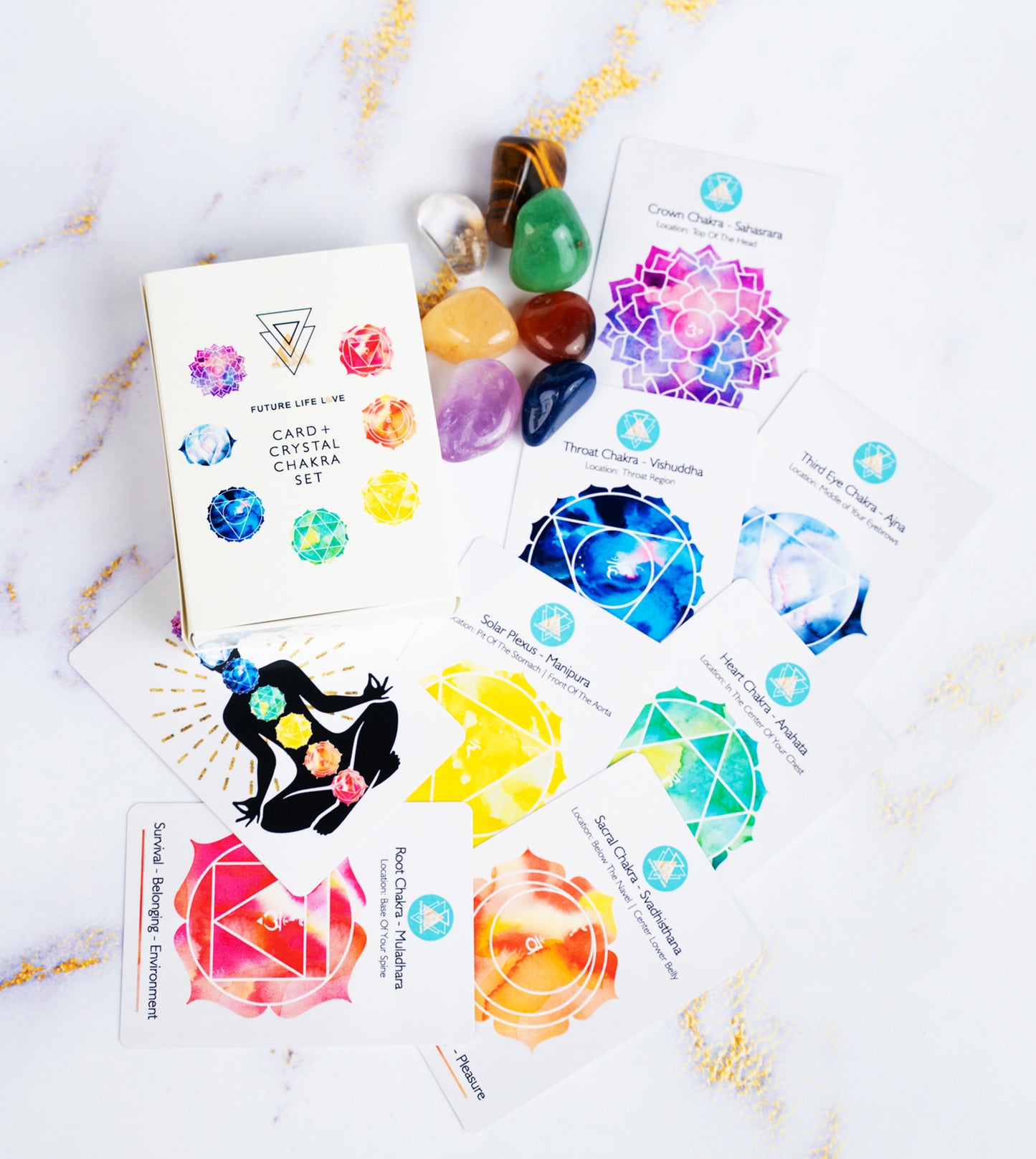 Chakra Card Set With 8 Cards and 7 Crystal Set With White Box