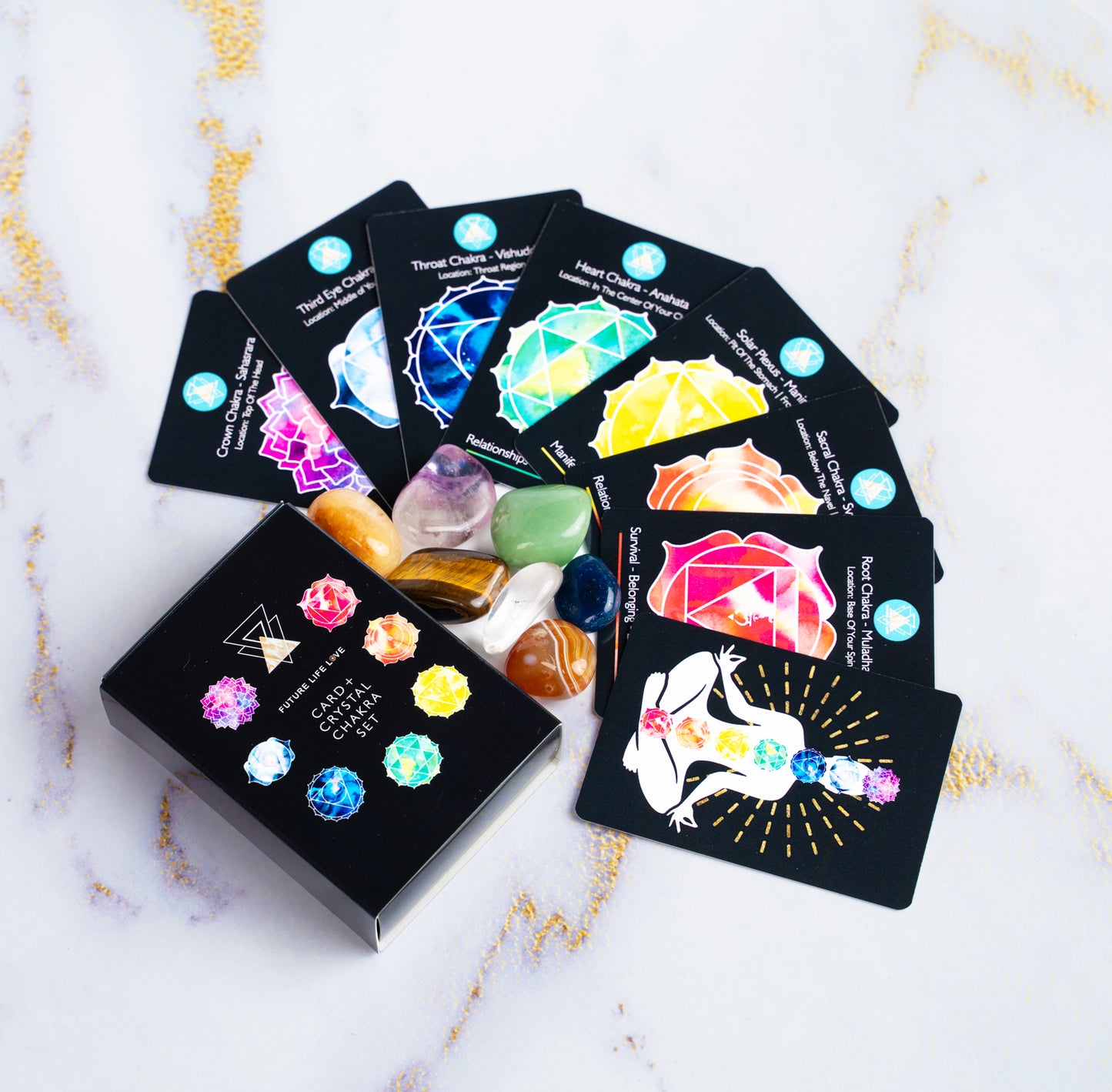 Chakra Card Set With 8 Cards and 7 Crystal Set With Black Box