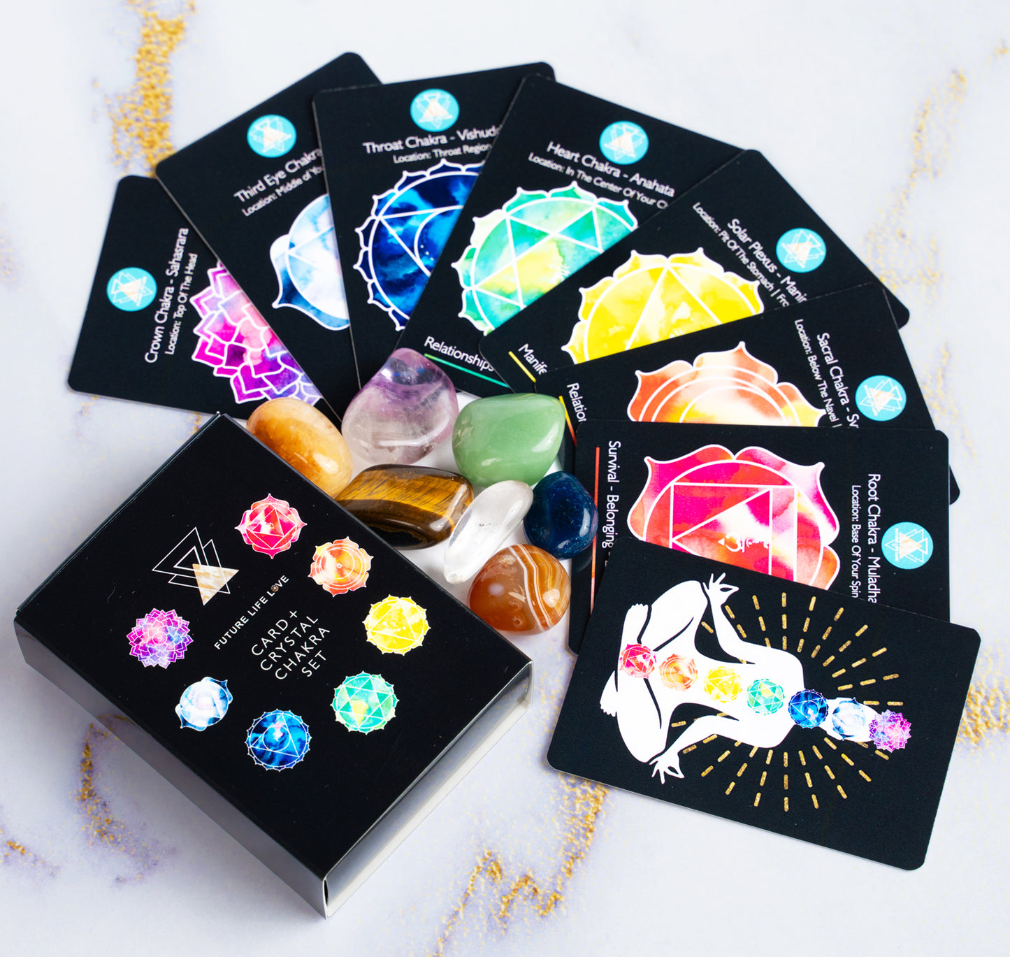 Chakra Card Set With 8 Cards and 7 Crystal Set With Black Box