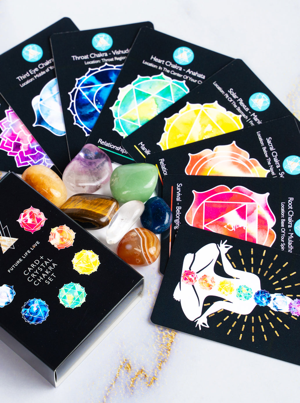 Chakra Card Set With 8 Cards and 7 Crystal Set With Black Box