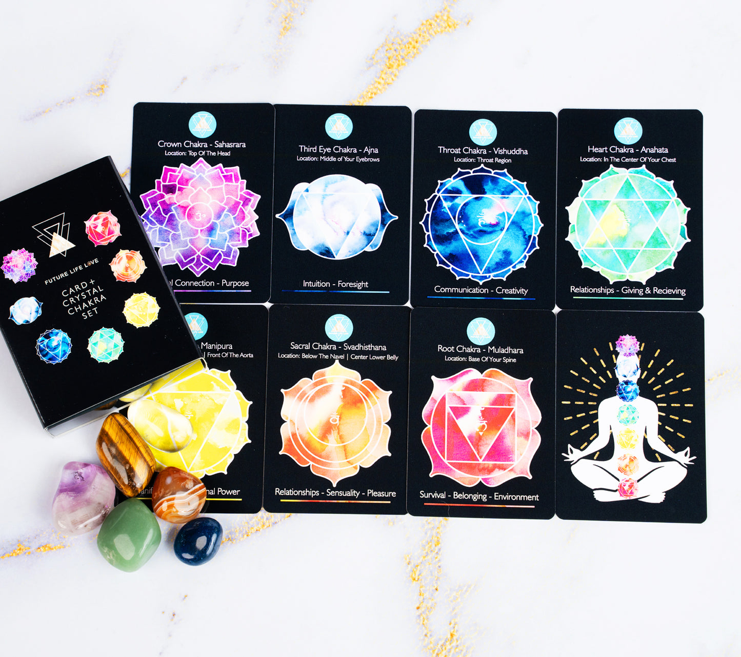 Chakra Card Set With 8 Cards and 7 Crystal Set With Black Box